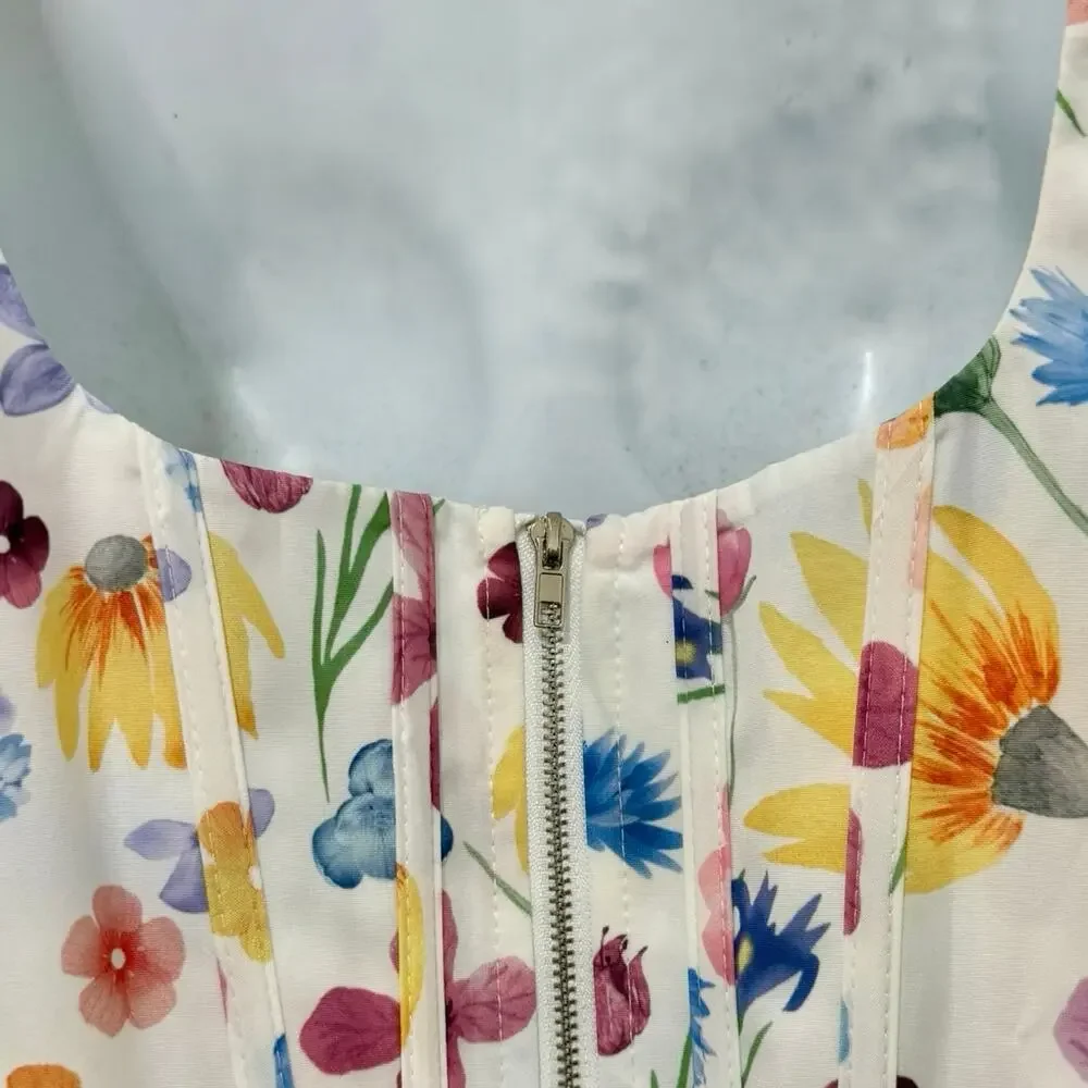 May & Maya White Pink Purple Floral Back Zipper Corset Top Crop Top size L_5